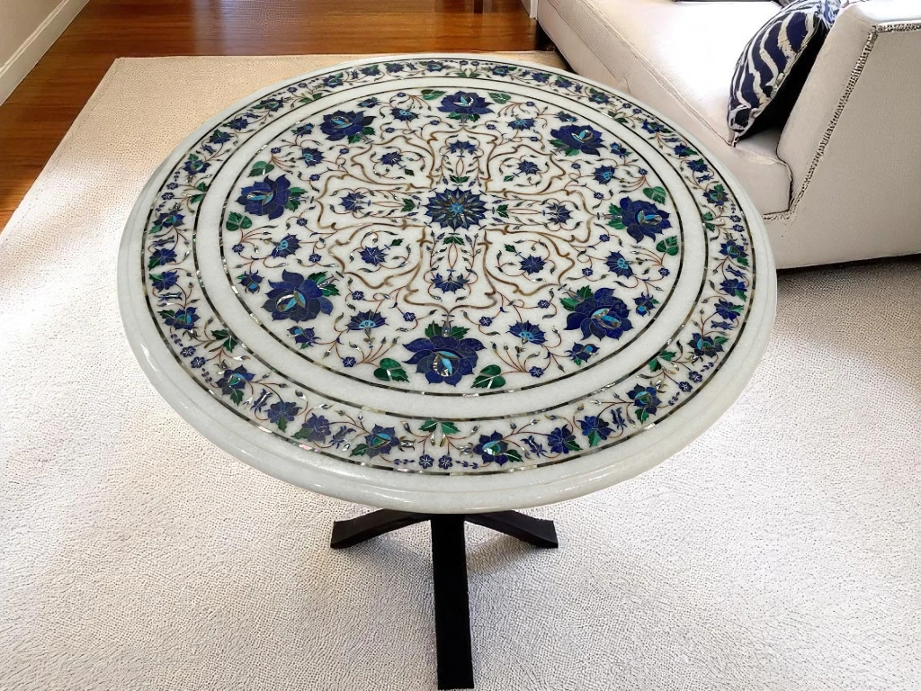 Luxury Marble Console Table with Semi-Precious Lapis Inlay